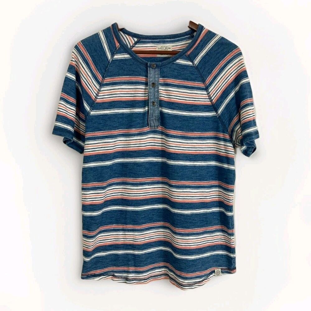 Lucky Brand Henley Shirt Mens M Blue Stripe Short Sleeve Casual Summer
